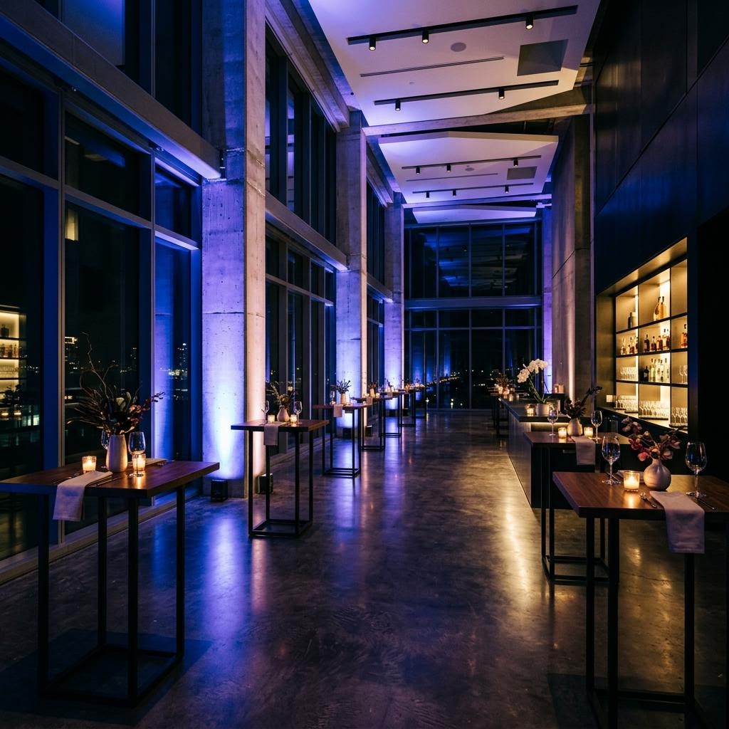 Atmospheric uplighting transforming an event space